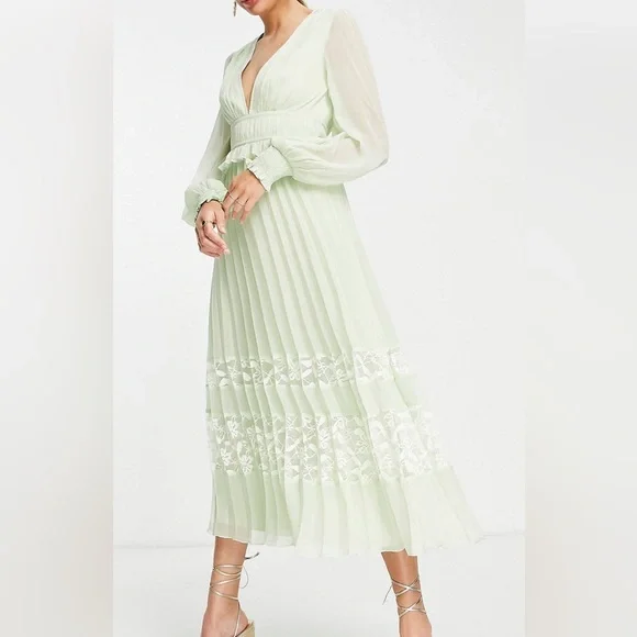 satin emerald green dress long Scalloped Neck Embroidered Lace High Low Midi Dress - Sage Green